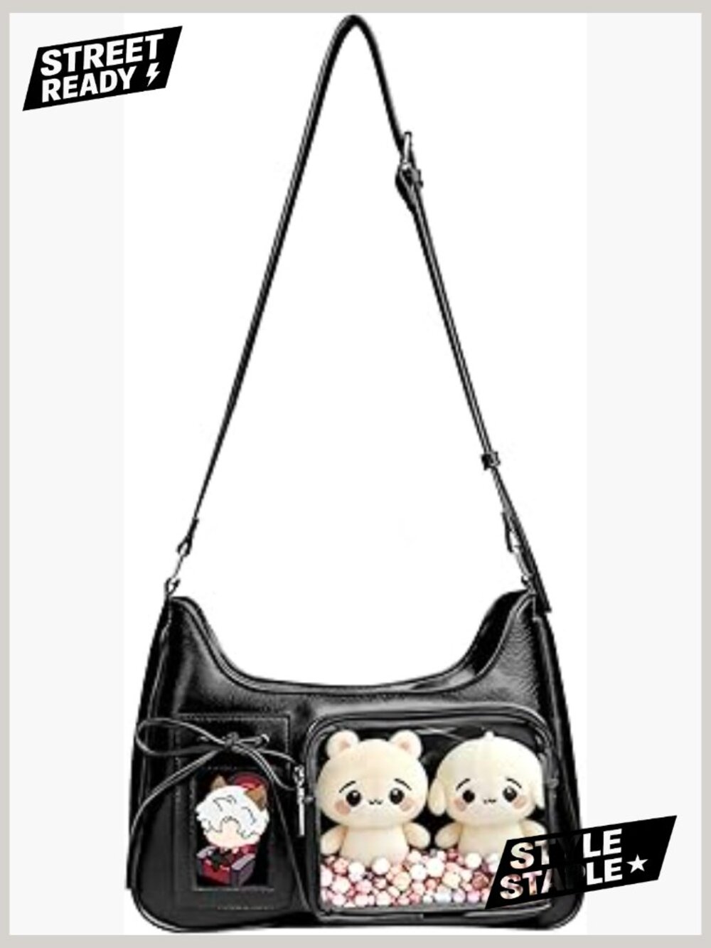 Small Ita Bag with Clear Pocket Display for Photocard Pin, Adjustable Strap,